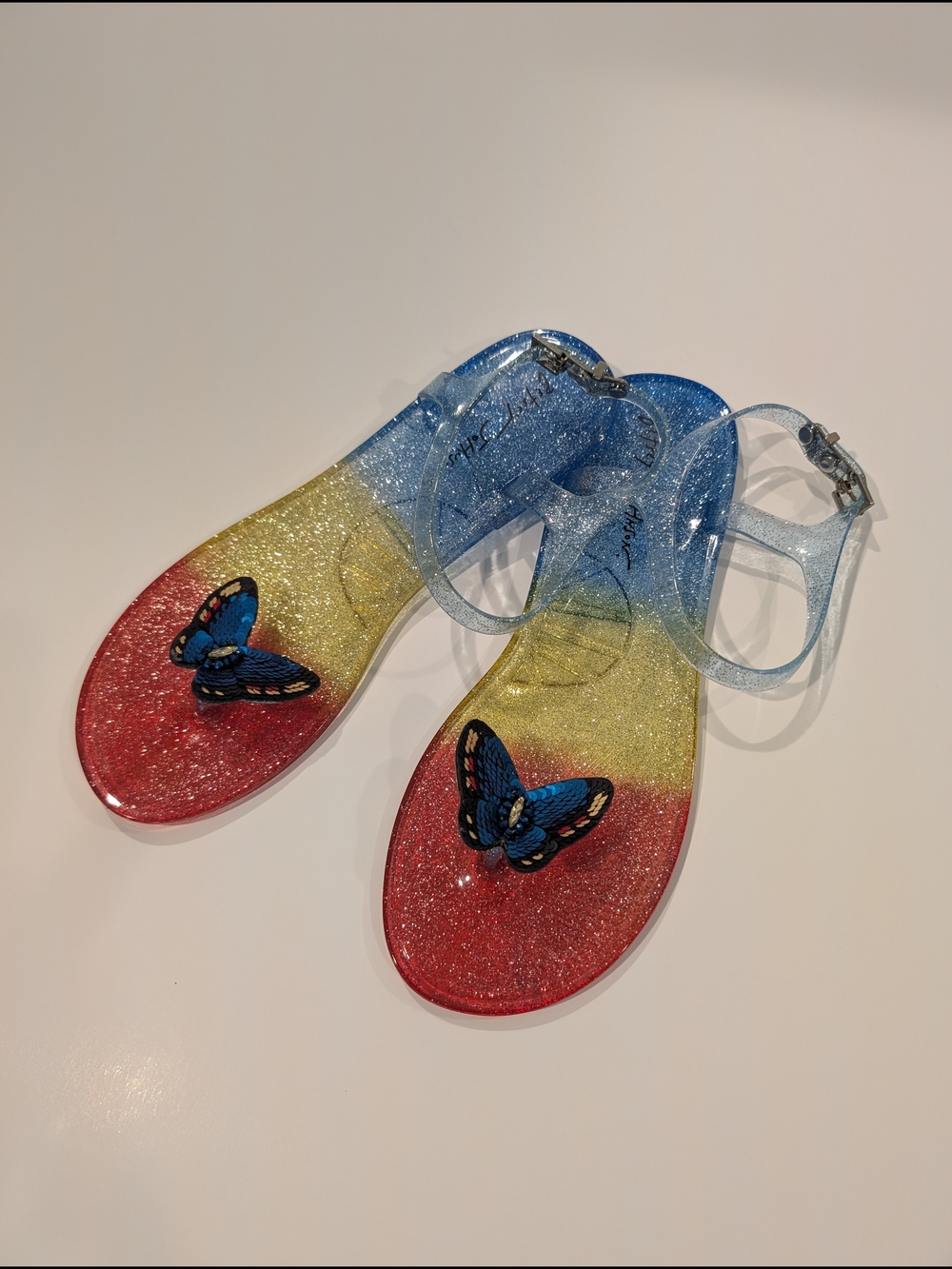 Betsey Johnson Y2K Rainbow Glitter Butterfly Jelly Sandals Size 8